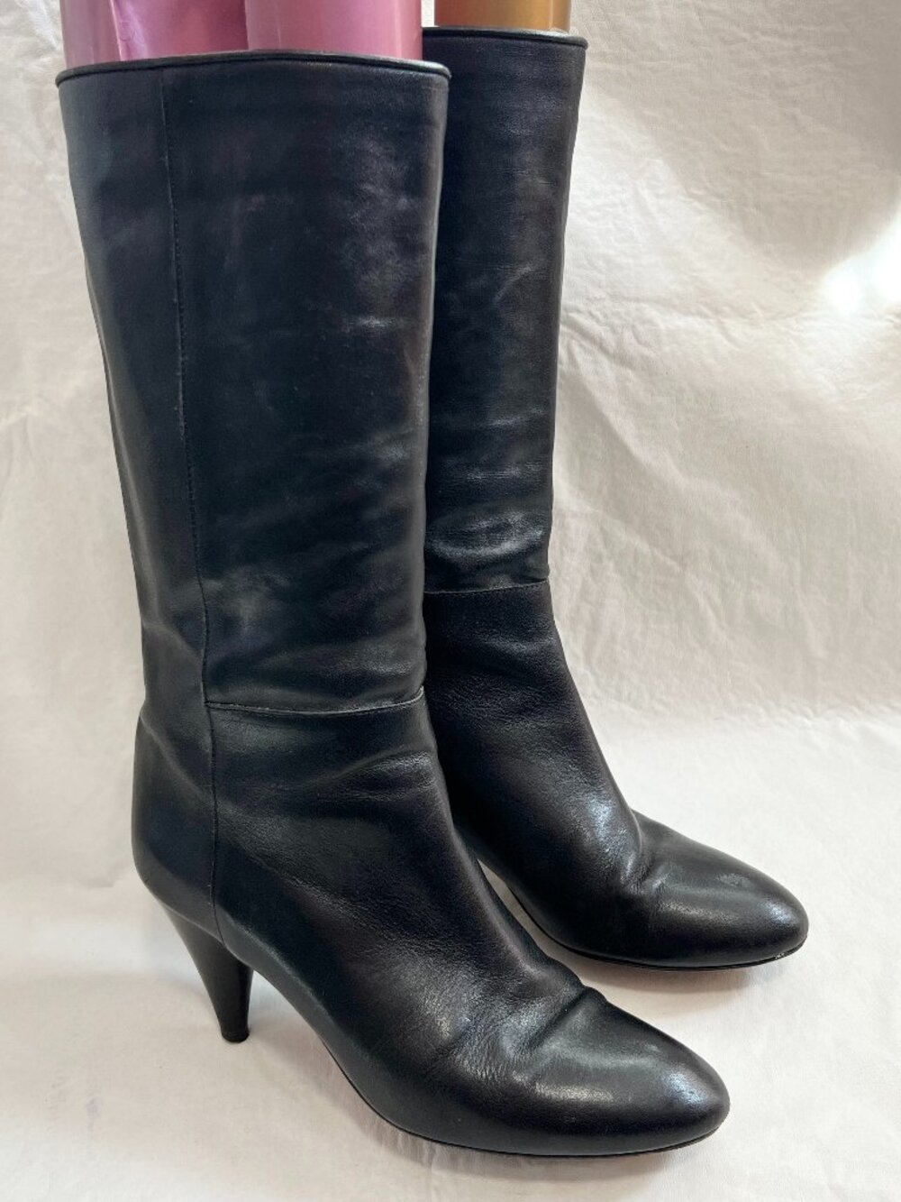 Loeffler Randall boots black leather womens 7 pointed toe high heel mid calf